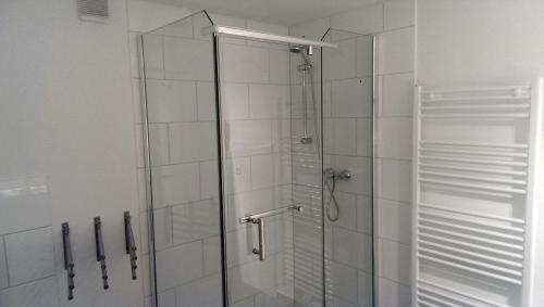 eine Dusche mit Glastür im Bad in der Unterkunft Ferienhaus Michel in Vorland in Vorland