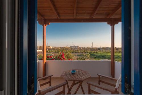 a balcony with a table and chairs and a view at Joanna Apartments in Mikri Vigla