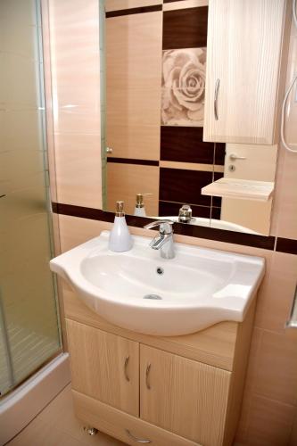 a bathroom with a white sink and a shower at Molnár Vendégház in Újfehértó