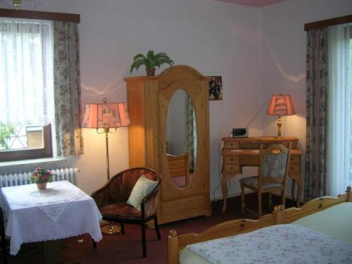 - une chambre avec une commode, une table et un miroir dans l'établissement Südharz-Pension, à Bad Sachsa
