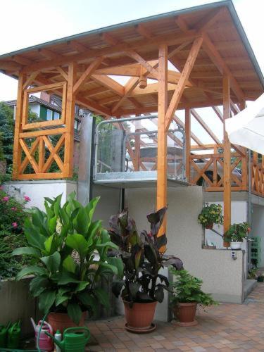 - un pavillon en bois avec des plantes en pot sur une terrasse dans l'établissement Südharz-Pension, à Bad Sachsa