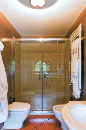 a bathroom with a shower and a toilet and a sink at Agriturismo La Casa Di Rodo in Quarrata