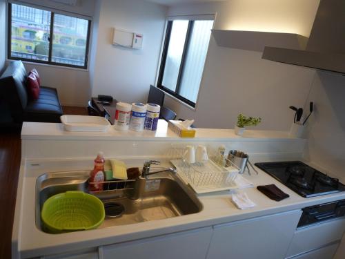 a kitchen sink with a green plate on it at MihaMac in Chatan