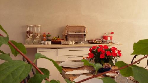 a kitchen with a counter with a table with red flowers at Donna Rosa Accommodation in Tropea