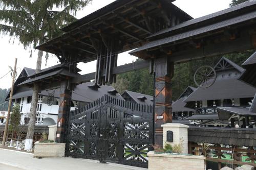 a building with a black gate in front of it at Complex Lions Bucovina in Voronet