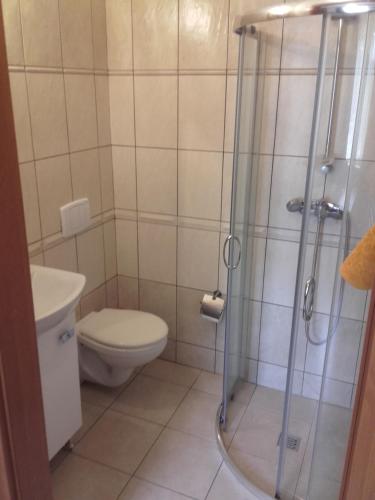 een badkamer met een toilet en een glazen douche bij Willa za Debami in Głogów