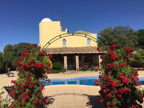 ein Resort mit einem Pool und roten Blumen in der Unterkunft Villa Rural Paquete in Pozo Alcón