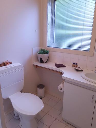 a bathroom with a toilet and a sink and a window at The Esplanade Holiday Home in Indented Head