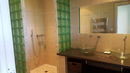 Un baño con dos lavabos y una ducha. en Domaine les Hauts de Capicciola, en Pinarellu