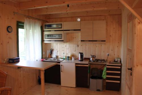 uma cozinha numa cabana com uma mesa e um fogão em Domek "U Magdy" em Sasino