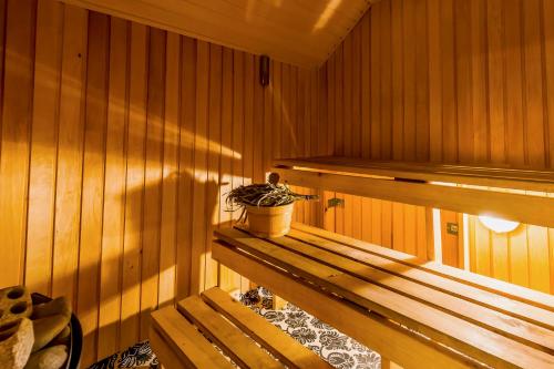 a sauna with a potted plant sitting on a bench at Villa Bach in Valgeranna