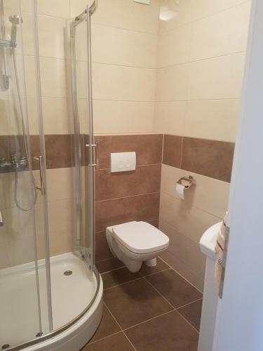 a bathroom with a toilet and a shower at Apartman Lora in Ljubuški