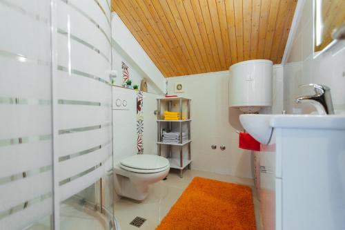 La salle de bains est pourvue de toilettes et d'un lavabo. dans l'établissement Apartments Toni, à Podstrana