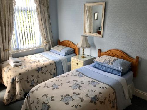 a bedroom with two beds and a mirror at Tanamara Guest House in Retford