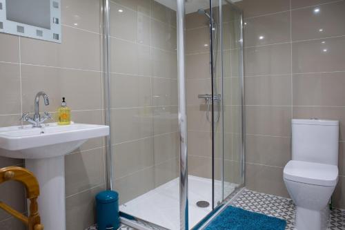 a bathroom with a shower and a toilet and a sink at The Old Inn at Plover Cottage Lindley in Huddersfield