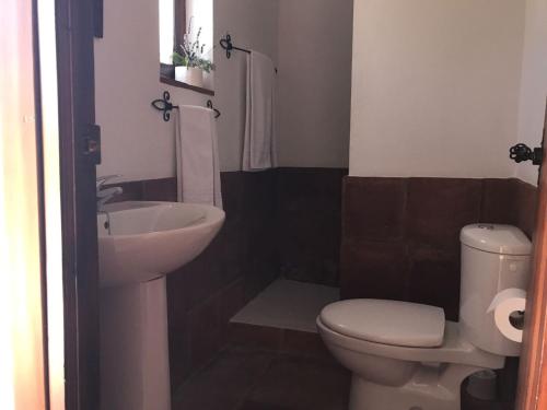 La salle de bains est pourvue de toilettes blanches et d'un lavabo. dans l'établissement Cortijo Nuevo Alojamiento Rural, à Cuevas del Becerro