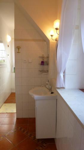 a white bathroom with a sink and a shower at U Votápků in Nové Hutě