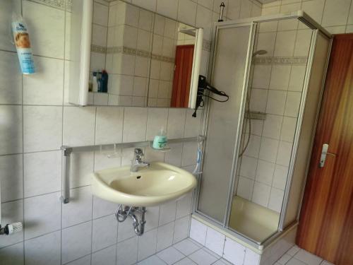 a bathroom with a sink and a shower at Ferienwohnung Kehmeier in Polle