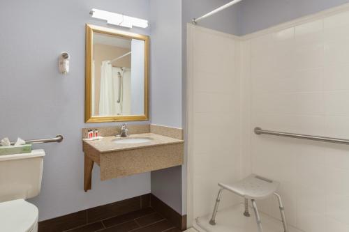 a bathroom with a sink and a toilet and a mirror at Super 8 by Wyndham Havre De Grace Aberdeen Area in Havre de Grace