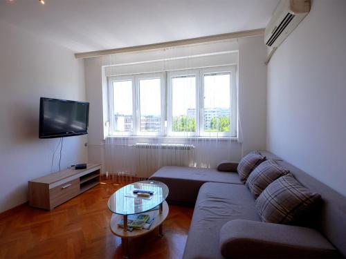 a living room with a couch and a tv at Apartments Sat in Belgrade