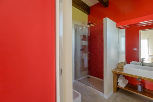 a bathroom with red walls and a sink and a shower at Casa delle More in Civitaquana
