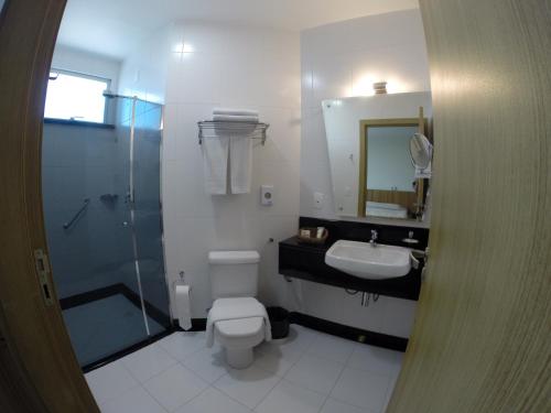 uma casa de banho com um WC, um lavatório e um chuveiro em Boa Vista Eco Hotel em Boa Vista