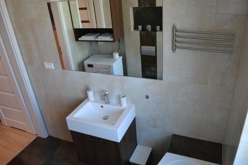 W łazience znajduje się umywalka i lustro. w obiekcie Apartament New Gdynia w mieście Gdynia