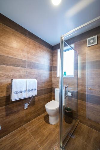 a bathroom with a toilet and a glass shower stall at Golden Star Motel in Christchurch