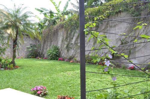 a yard with a retaining wall and flowers at Capital Hostel de Ciudad in San José
