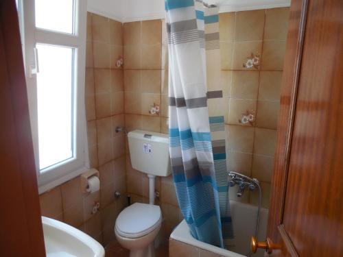 a bathroom with a toilet and a shower curtain at Adonis Rooms in Skopelos Town