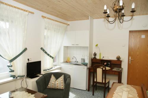 a kitchen and living room with a couch and a table at Antik Apartments Spreewald/Vetschau in Vetschau