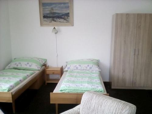 ein Zimmer mit 2 Betten und einem Stuhl darin in der Unterkunft Apartment Vysocina in Svratka