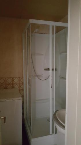 La salle de bains est pourvue d'une douche, de toilettes et d'un lavabo. dans l'établissement Studio Champerouze 127, à La Toussuire