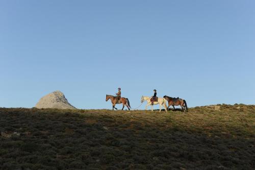 a group of people riding horses on a hill at Thalori Traditional Ecotourism Village in Kapetanianá