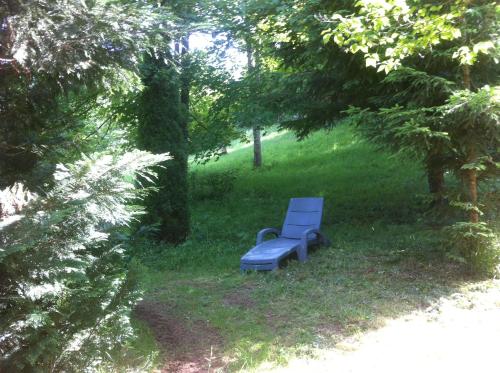 a blue bench sitting in the grass under trees at Gite Vezelay in Chamoux