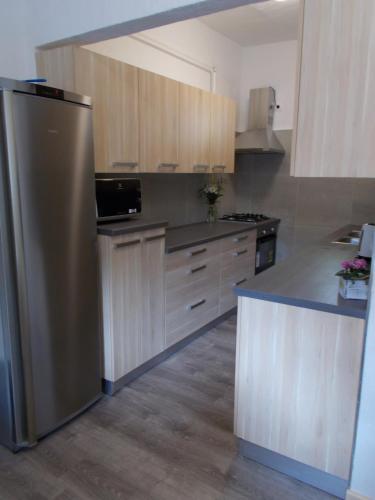 a kitchen with wooden cabinets and a stainless steel refrigerator at Kristály Vendégház in Bogács