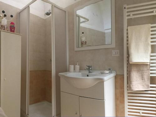 La salle de bains est pourvue d'un lavabo et d'une douche. dans l'établissement Trullo Zia Nina, à Alberobello