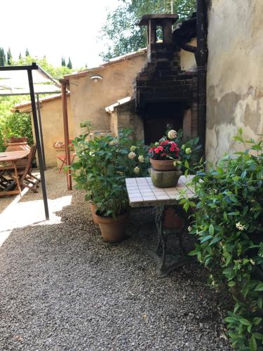 a patio with a table with flowers and plants at Antica Dimora in Monteroni dʼArbia