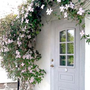 a white door with a bunch of flowers on it at Elisetorp in Kivik