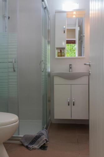 スカラ・エレソスにあるPerivoli Stone houseのバスルーム(洗面台、ガラス張りのシャワー付)