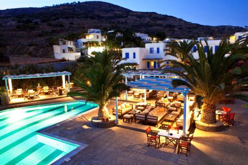 an aerial view of a resort with a swimming pool at Alexandros Hotel in Platis Gialos