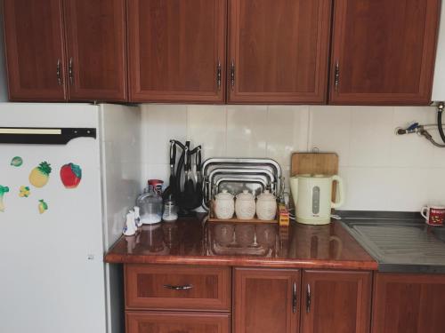 a kitchen counter with wooden cabinets and a white refrigerator at Aregak B&B and Tours in Goris