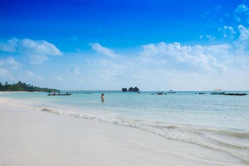 a person standing in the water on a beach at The Sands Beach Resort in Bwejuu