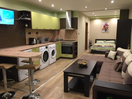 ein Wohnzimmer mit einer Küche und ein Wohnzimmer mit einem Sofa in der Unterkunft Апартамент Danaya 1 in Warna