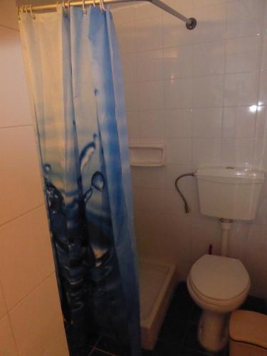 a bathroom with a toilet and a shower curtain at Poseidon Hotel in Lefkandi Chalkidas