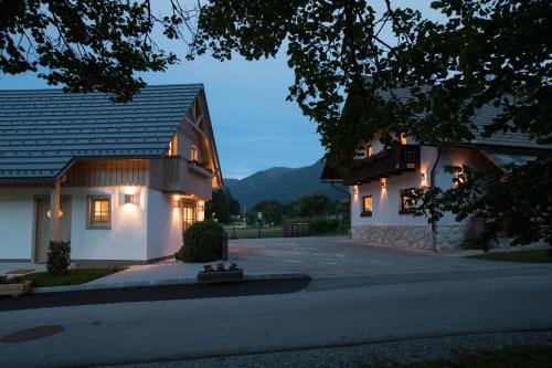 a house with lights on the side of a street at Apartments Alp in Bohinj