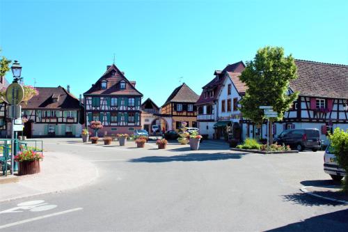a street in a small town with houses at La Halte des Vignes - Route des vins d'Alsace in Scherwiller