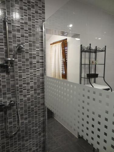 a bathroom with a shower and a sink and a mirror at Lusyhouse in Pula
