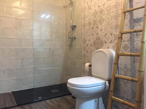 a bathroom with a toilet and a shower at The Lighthouse Apartment in Praia da Barra