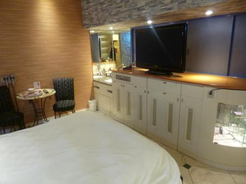 a bedroom with a bed and a television on a counter at Hotel Large (Adult Only) in Honjo